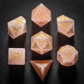 Rose Quartz Dice Set – Handcrafted Natural Pink Gemstone RPG Dice with Gold Engravings for D&D, Pathfinder & Collectors