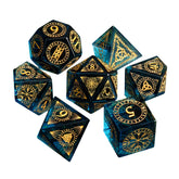 K9 Sapphire Blue Glass Dice Set – Hand-Carved Gold Engraved Crystal RPG Dice for D&D, Pathfinder & More