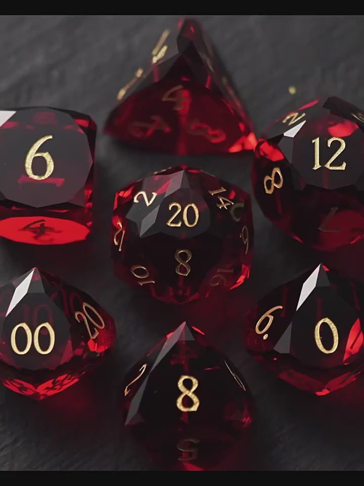 Faceted Red Glass Dice Set – Handcrafted K9 Crystal RPG Dice with Golden Engravings for Dungeons & Dragons & Collectors