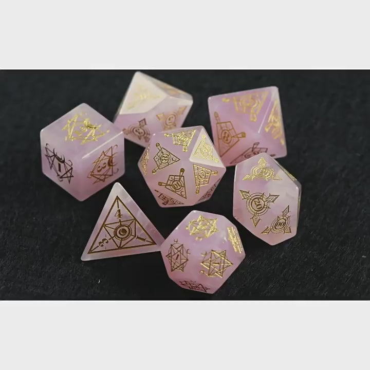 Rose Quartz Dice Set – Handcrafted Natural Pink Gemstone RPG Dice with Gold Engravings for D&D, Pathfinder & Collectors