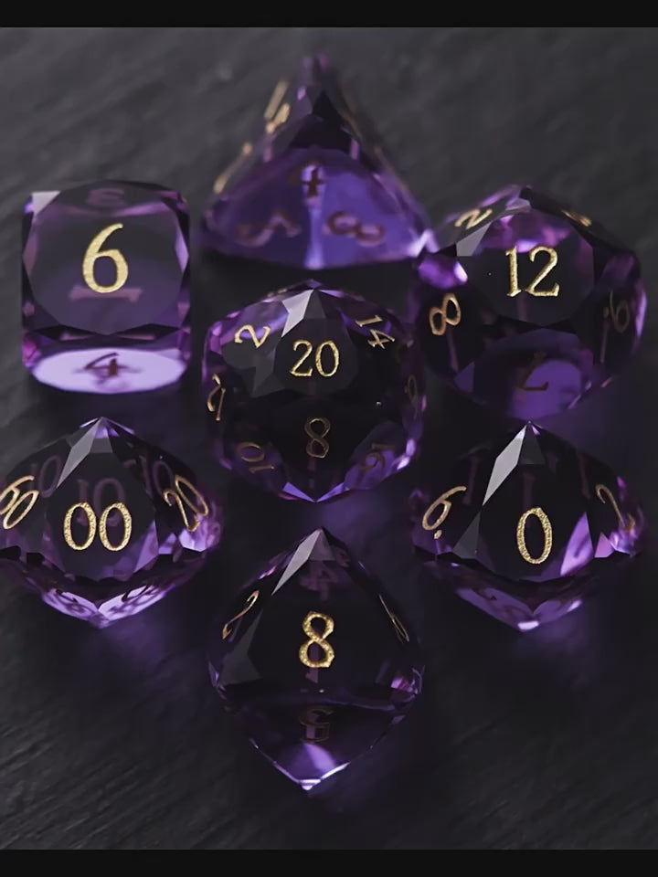 Faceted Purple Glass Dice Set – Handcrafted K9 Crystal RPG Dice with Golden Engravings for Dungeons & Dragons & Collectors