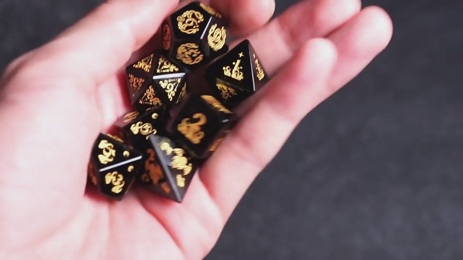 Obsidian Dice Set – Handcrafted Natural Black Gemstone RPG Dice with Gold Engraving for D&D, Pathfinder & Collectors