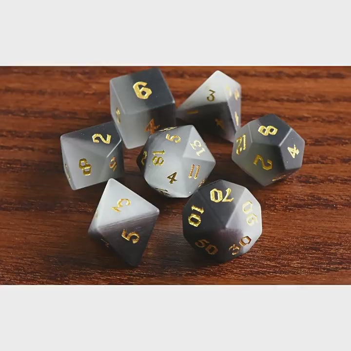 Matte Black Cat’s Eye Stone Dice Set – Handcrafted Luxury Gemstone RPG Dice for D&D, Pathfinder & Collectors