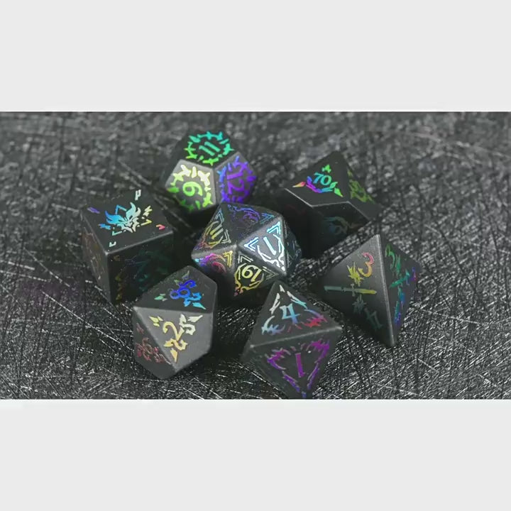Heart of the Dragon’s Shadow Obsidian Dice Set – Handcrafted Natural Black Gemstone RPG Dice with Iridescent Engravings for D&D, Pathfinder & Collectors