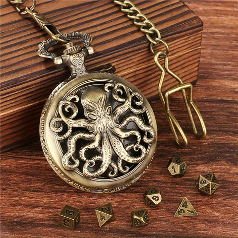 Lord of the Deep Metal Pocket Watch Dice Set – Antique Bronze & Silver Alloy RPG Dice with Vintage Case