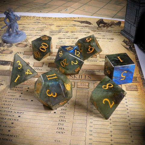 Natural Labradorite Dice Set with Gold Engraved Numbers – Crystal Polyhedral Dice for Dungeons and Dragons, Pathfinder, and Tabletop RPGs
