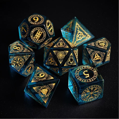 K9 Sapphire Blue Glass Dice Set – Hand-Carved Gold Engraved Crystal RPG Dice for D&D, Pathfinder & More