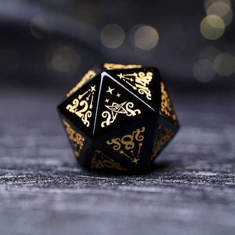 Obsidian Dice Set – Handcrafted Natural Black Gemstone RPG Dice with Gold Engraving for D&D, Pathfinder & Collectors