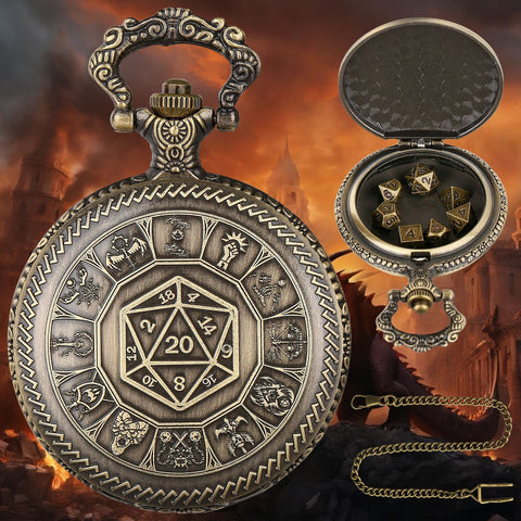 Wheel of Fate Metal Pocket Watch Dice Set – Antique Bronze & Silver Alloy RPG Dice with Vintage Case