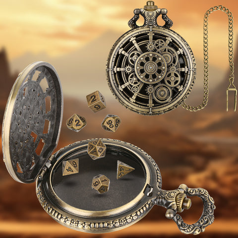 Cyber Gear Metal Dice Set – Retro Alloy RPG Dice with Vintage Pocket Watch Case (Antique Green & Antique Silver)
