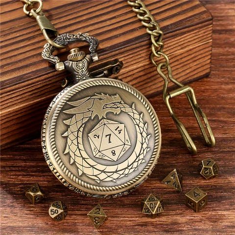 Evil Dragon Metal Pocket Watch Dice Set – Antique Bronze Alloy RPG Dice with Vintage Case