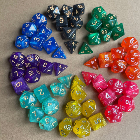 Starlight Mystery Acrylic Dice Set – 15 Random Colors, 7 Polyhedral Dice for DND, RPG, Pathfinder & Tabletop Games