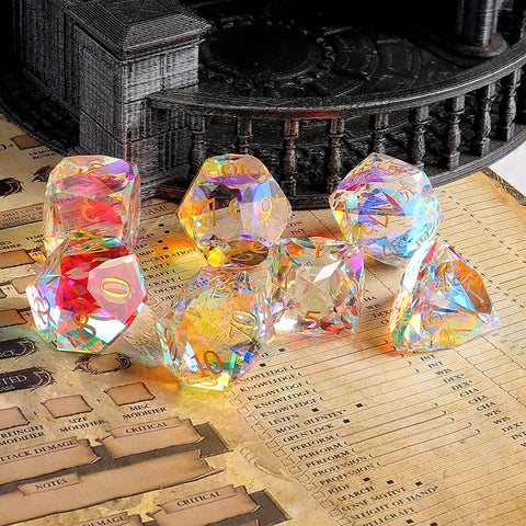 Iridescent Prism Glass Dice Set – Handcrafted Multi-Faceted K9 Glass RPG Dice for D&D, Pathfinder & Collectors