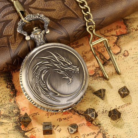 Dragon Totem Metal Pocket Watch Dice Set – Antique Bronze & Silver Alloy RPG Dice with Vintage Case