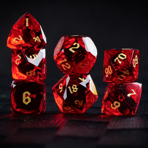 Faceted Red Glass Dice Set – Handcrafted K9 Crystal RPG Dice with Golden Engravings for Dungeons & Dragons & Collectors
