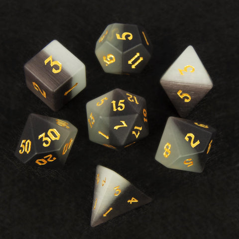 Matte Black Cat’s Eye Stone Dice Set – Handcrafted Luxury Gemstone RPG Dice for D&D, Pathfinder & Collectors