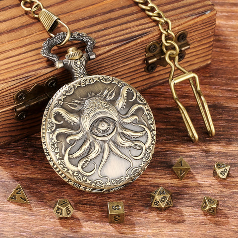 Evil Eye Cthulhu Metal Pocket Watch Dice Set – Antique Bronze & Silver Alloy RPG Dice with Vintage Case