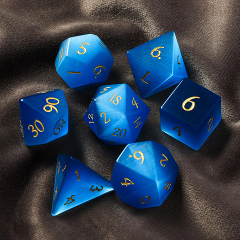 Royal Blue Cat’s Eye Stone Dice Set – Handcrafted Luxury Gemstone RPG Dice for D&D, Pathfinder & Collectors