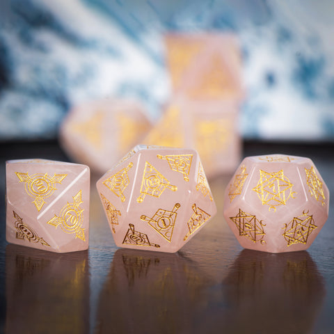 Rose Quartz Dice Set – Handcrafted Natural Pink Gemstone RPG Dice with Gold Engravings for D&D, Pathfinder & Collectors