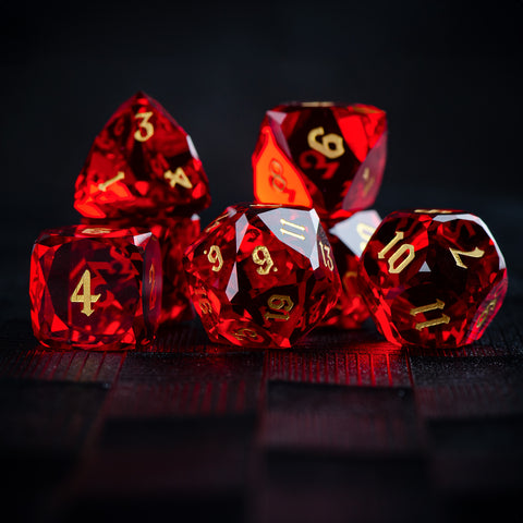 Faceted Red Glass Dice Set – Handcrafted K9 Crystal RPG Dice with Golden Engravings for Dungeons & Dragons & Collectors
