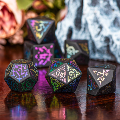 Heart of the Dragon’s Shadow Obsidian Dice Set – Handcrafted Natural Black Gemstone RPG Dice with Iridescent Engravings for D&D, Pathfinder & Collectors