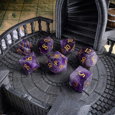 Natural Amethyst Dice Set with Gold Engraved Numbers – Premium Crystal Polyhedral Dice for DnD, Pathfinder, TTRPG, and Collectors