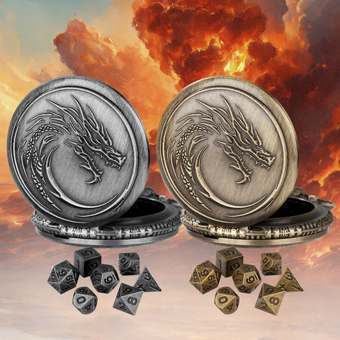 Dragon Totem Metal Pocket Watch Dice Set – Antique Bronze & Silver Alloy RPG Dice with Vintage Case