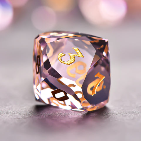 Faceted Pink Glass Dice Set – Handcrafted K9 Crystal RPG Dice with Golden Engravings for Dungeons & Dragons & Collectors
