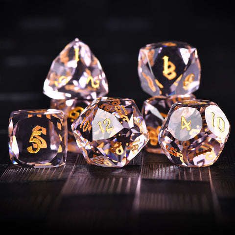 Faceted Pink Glass Dice Set – Handcrafted K9 Crystal RPG Dice with Golden Engravings for Dungeons & Dragons & Collectors