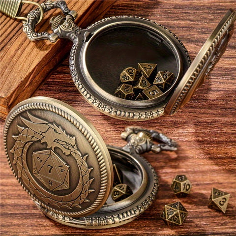 Evil Dragon Metal Pocket Watch Dice Set – Antique Bronze Alloy RPG Dice with Vintage Case