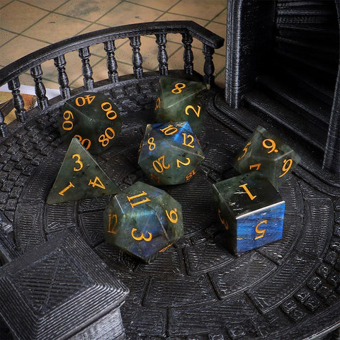 Natural Labradorite Dice Set with Gold Engraved Numbers – Crystal Polyhedral Dice for Dungeons and Dragons, Pathfinder, and Tabletop RPGs