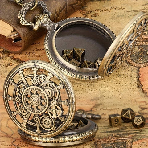 Cyber Gear Metal Dice Set – Retro Alloy RPG Dice with Vintage Pocket Watch Case (Antique Green & Antique Silver)