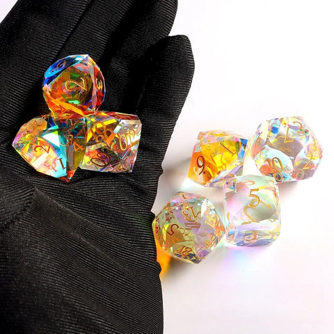 Iridescent Prism Glass Dice Set – Handcrafted Multi-Faceted K9 Glass RPG Dice for D&D, Pathfinder & Collectors