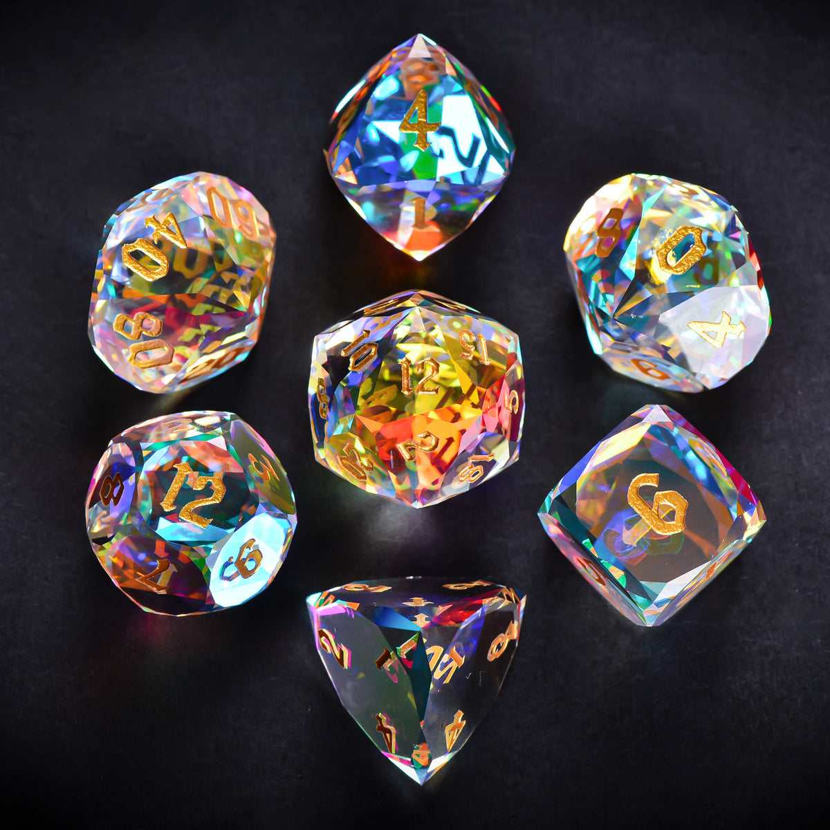 Iridescent Prism Glass Dice Set – Handcrafted Multi-Faceted K9 Glass RPG Dice for D&D, Pathfinder & Collectors