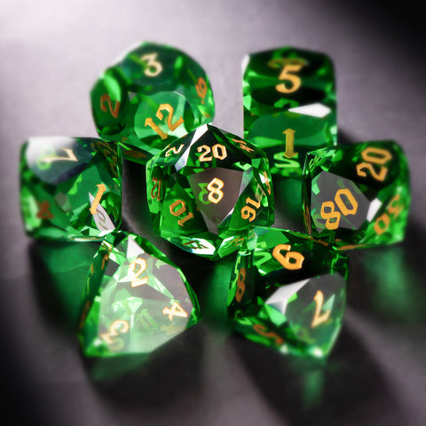Faceted Green Glass Dice Set – Handcrafted K9 Crystal RPG Dice with Golden Engravings for Dungeons & Dragons & Collectors