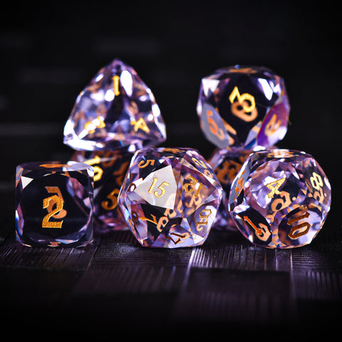 Faceted Purple Glass Dice Set – Handcrafted K9 Crystal RPG Dice with Golden Engravings for Dungeons & Dragons & Collectors