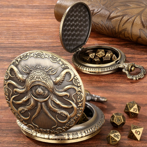Evil Eye Cthulhu Metal Pocket Watch Dice Set – Antique Bronze & Silver Alloy RPG Dice with Vintage Case