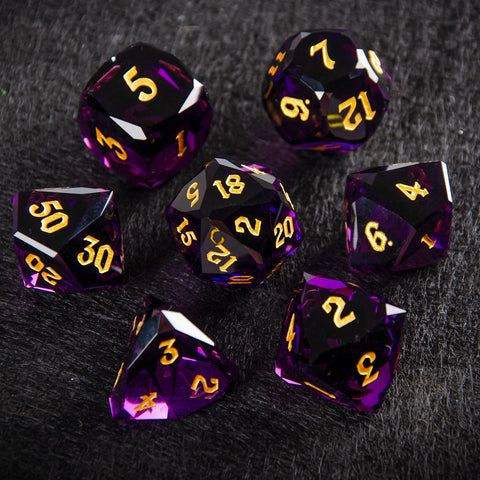 Faceted Deep Purple Glass Dice Set – Handcrafted K9 Crystal RPG Dice with Golden Engravings for Dungeons & Dragons