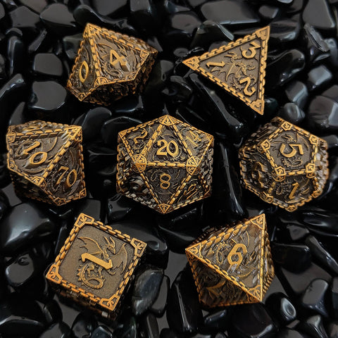 Duskrage Copper Metal Solid Dice Set with Winged Dragon Engraving – Multiple Colors Available