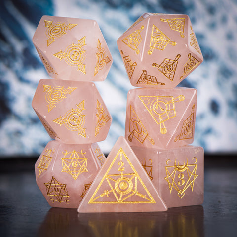 Rose Quartz Dice Set – Handcrafted Natural Pink Gemstone RPG Dice with Gold Engravings for D&D, Pathfinder & Collectors