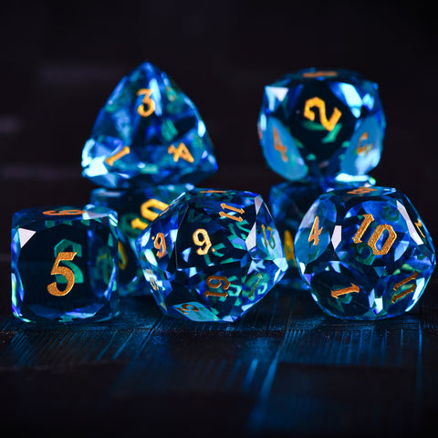 Faceted Blue Glass Dice Set – Handcrafted K9 Crystal RPG Dice with Golden Engravings for Dungeons & Dragons & Collectors