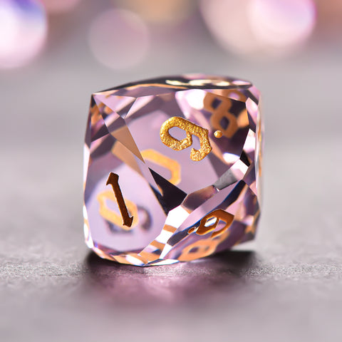 Faceted Pink Glass Dice Set – Handcrafted K9 Crystal RPG Dice with Golden Engravings for Dungeons & Dragons & Collectors