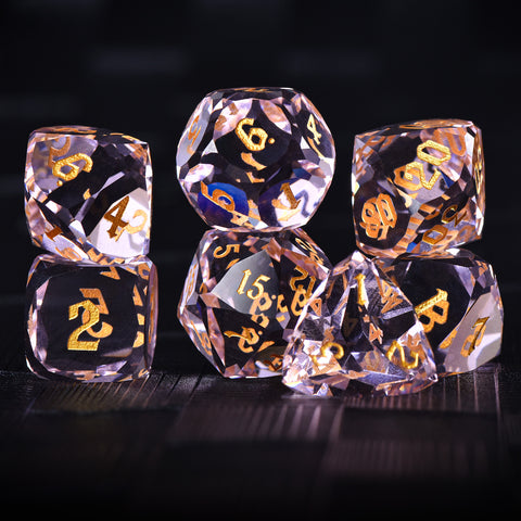 Faceted Pink Glass Dice Set – Handcrafted K9 Crystal RPG Dice with Golden Engravings for Dungeons & Dragons & Collectors