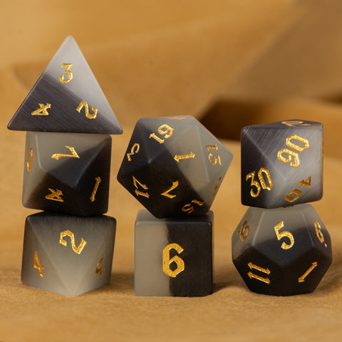 Matte Black Cat’s Eye Stone Dice Set – Handcrafted Luxury Gemstone RPG Dice for D&D, Pathfinder & Collectors