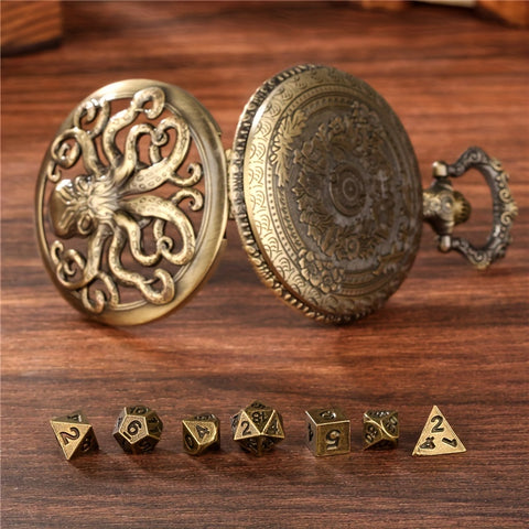 Lord of the Deep Metal Pocket Watch Dice Set – Antique Bronze & Silver Alloy RPG Dice with Vintage Case