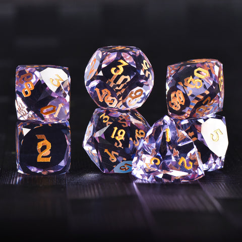 Faceted Purple Glass Dice Set – Handcrafted K9 Crystal RPG Dice with Golden Engravings for Dungeons & Dragons & Collectors