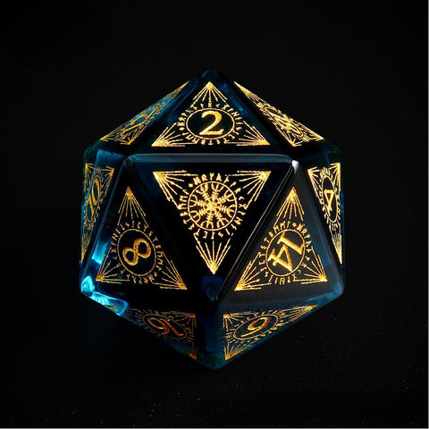 K9 Sapphire Blue Glass Dice Set – Hand-Carved Gold Engraved Crystal RPG Dice for D&D, Pathfinder & More