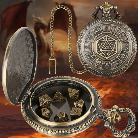 Wheel of Fate Metal Pocket Watch Dice Set – Antique Bronze & Silver Alloy RPG Dice with Vintage Case