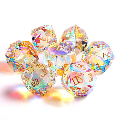 Iridescent Prism Glass Dice Set – Handcrafted Multi-Faceted K9 Glass RPG Dice for D&D, Pathfinder & Collectors