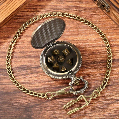 Evil Dragon Metal Pocket Watch Dice Set – Antique Bronze Alloy RPG Dice with Vintage Case